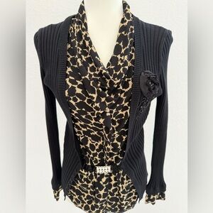 Black Ribbed Sweater with Leopard Print Accent